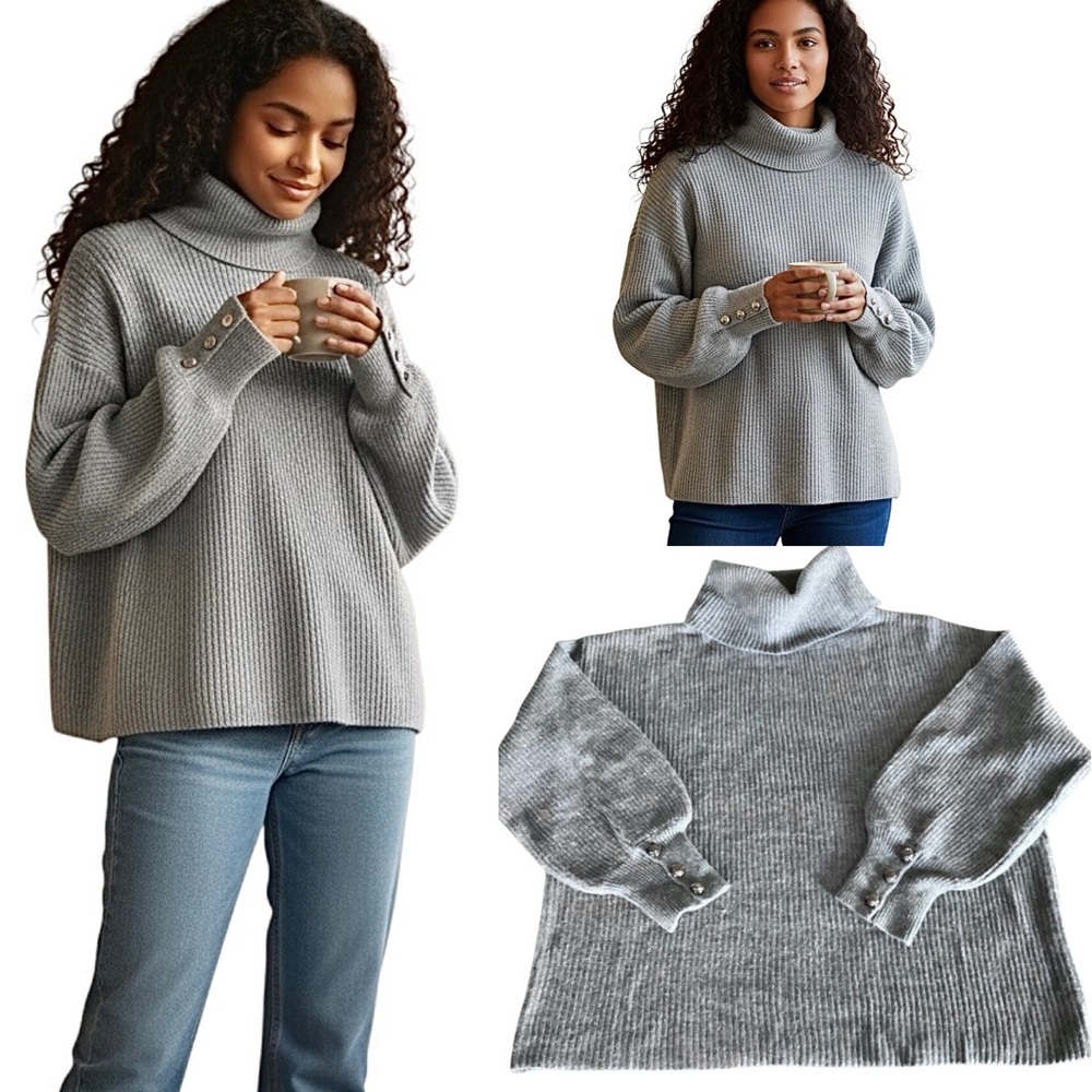 Cozy Gray Knit Turtleneck Sweater Women's Size XL Cuffed Military Buttons
